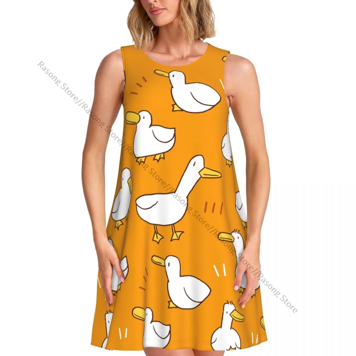 

Women Clothing Dress Lovely White Goose Round Neck Sleeveless Length Dress