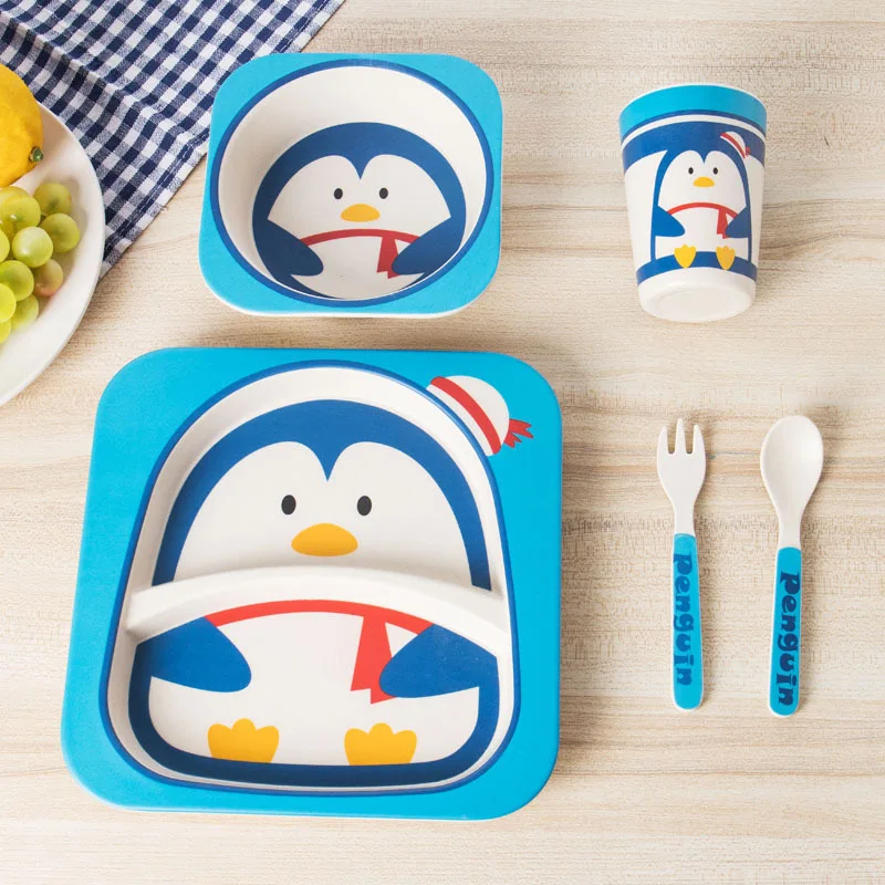 Creative cartoon bamboo powder bamboo fiber children's tableware set five-piece kindergarten baby cartoon grid bowl dinner plate