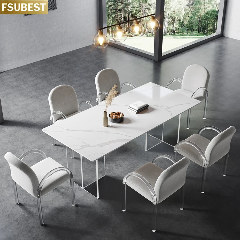 FSUBEST Modern Rock Slab Kitchen Dining Table With 6 Chairs Set Acrylic Floating Base Dinner Tables Set Cadeiras De Jantar