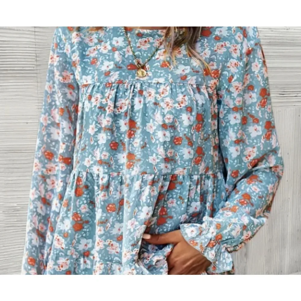 حجم كبير 1XL-5XL المرأة الجديدة التلبيب الياقة البوهيمي شيك الأزهار طباعة قميص مع السيدات عادية كم طويل بلوزة قميص علوي #4