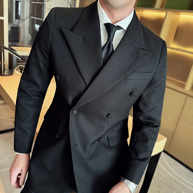 

（Jacket+Pants）Premium Waffle Double-breasted Men's Business Social Formal Suits Men's Slim Black High-end Banquet Dress/tuxedo