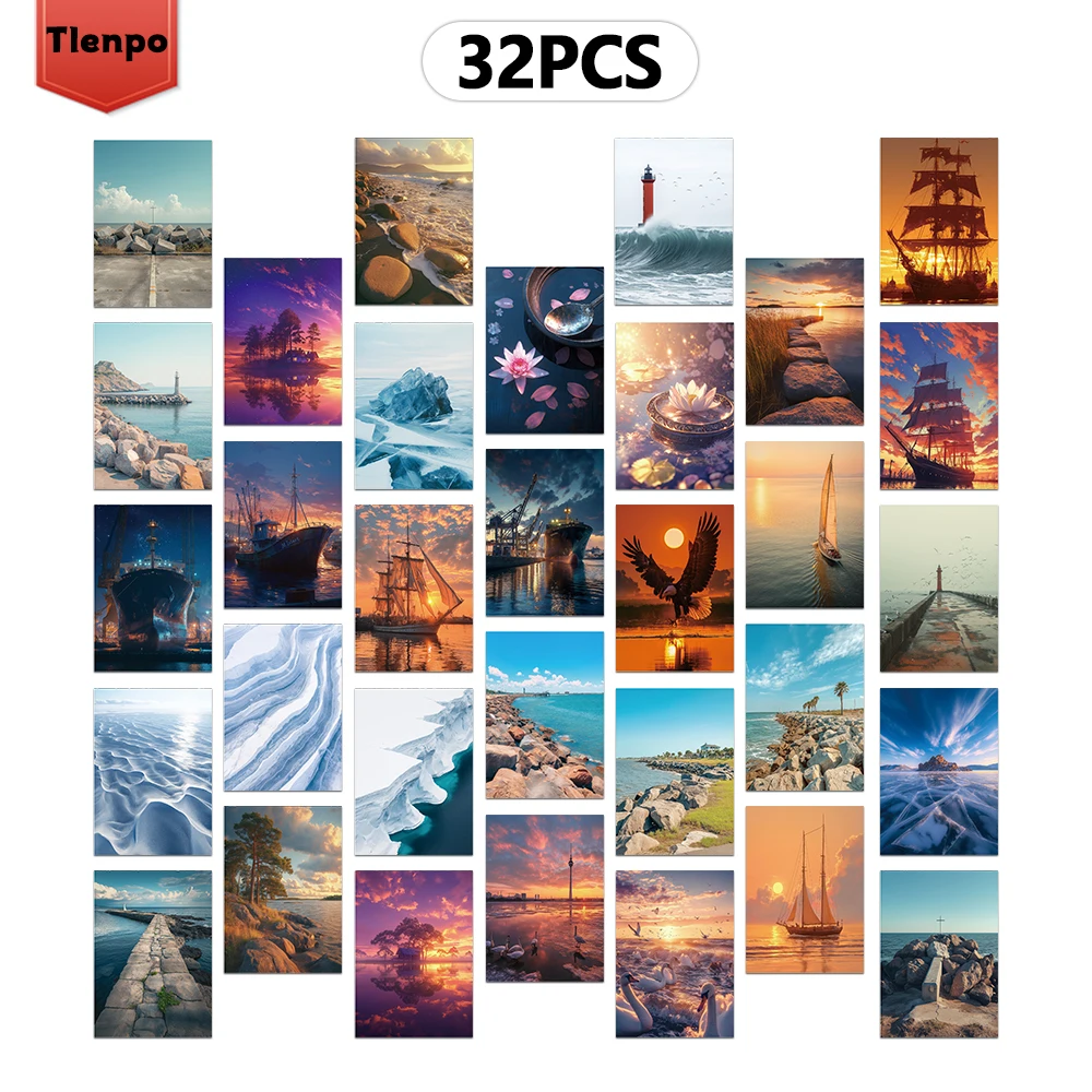 32개, 고화질 바다 풍경 엽서, 인사말 카드, DIY 엽서, 장식품, 수집품 및 선물용