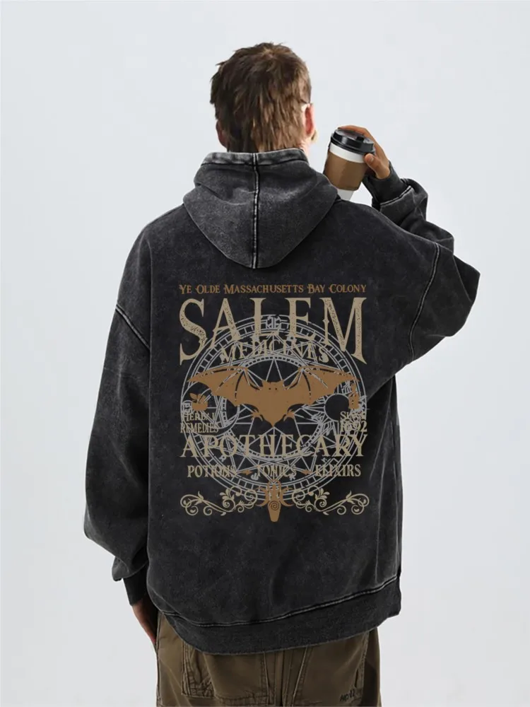 Salem Bat Mens Hoodies Halloween Vintage Washed Hoodie Autumn Cotton Hoody Sweatshirt Loose Comfortable Oversize Streetwear Tops