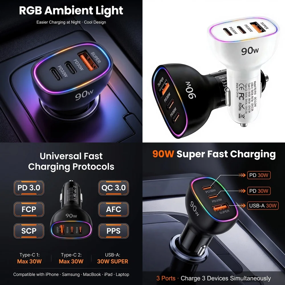 90W Car Charger Multi Port Fast Charging Dual PD 30W Type C USB A 30W Adapter for Laptop MacBook PPS QC3.0 SCP RGB LED Light