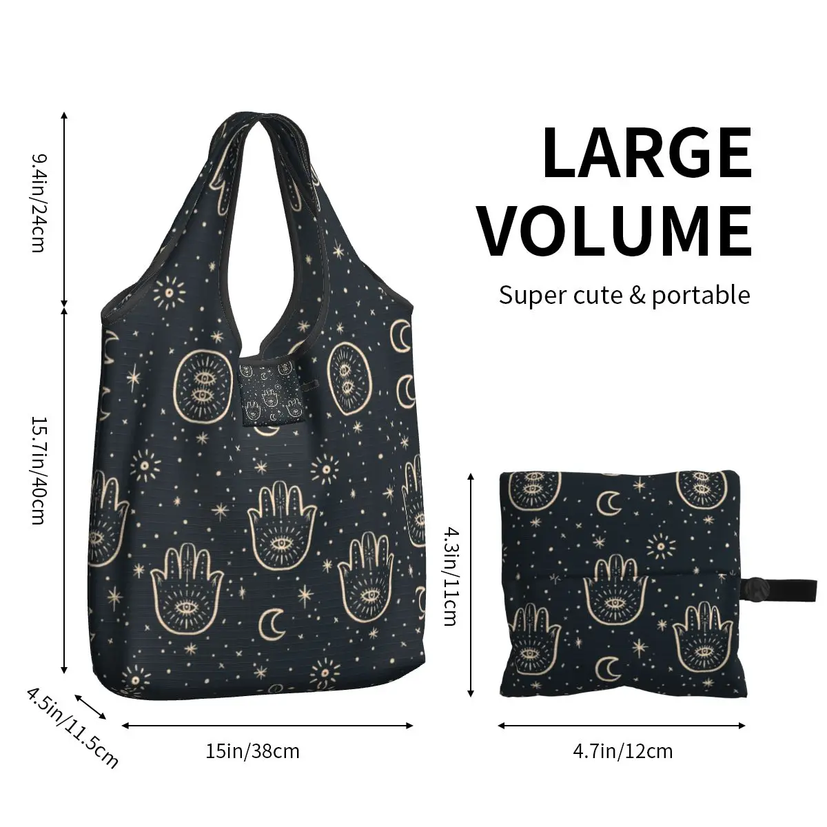 Reusable Hamsa Hand Shopping Bag Women Tote Bag Portable Amulet Sun Moon Grocery Shopper Bags