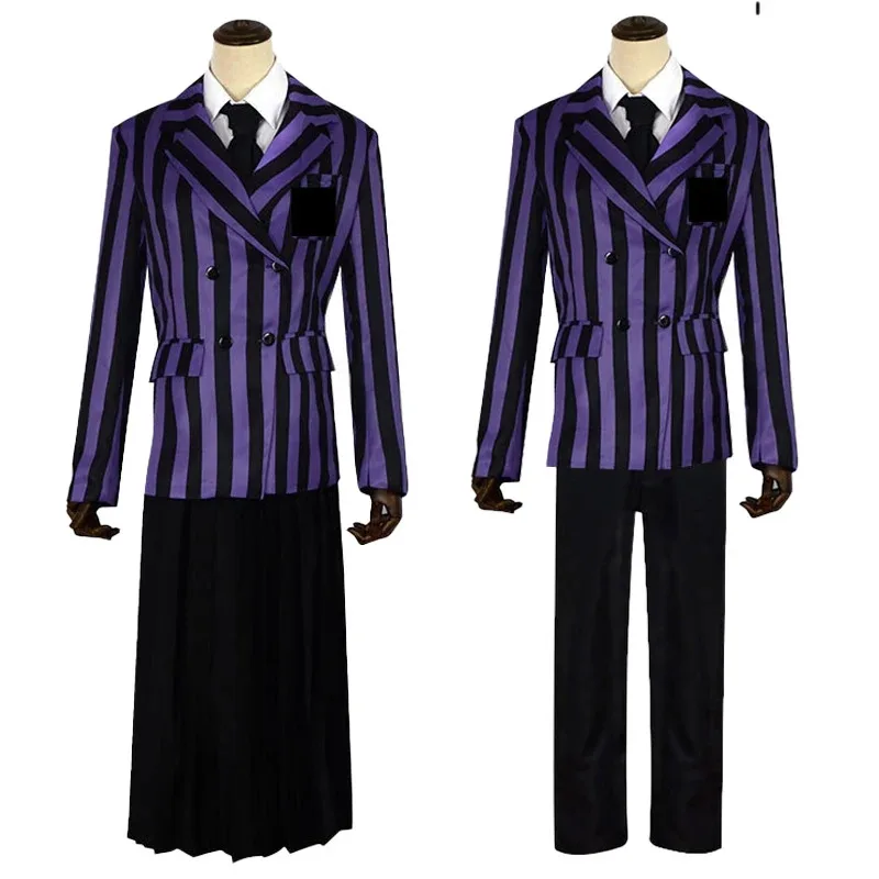 Disfraz de Cosplay de Anime Nevermore Academy, uniformes escolares a rayas para niñas y niños, peluca para fiesta de Halloween, vestido elegante; 2'k, 8;c'