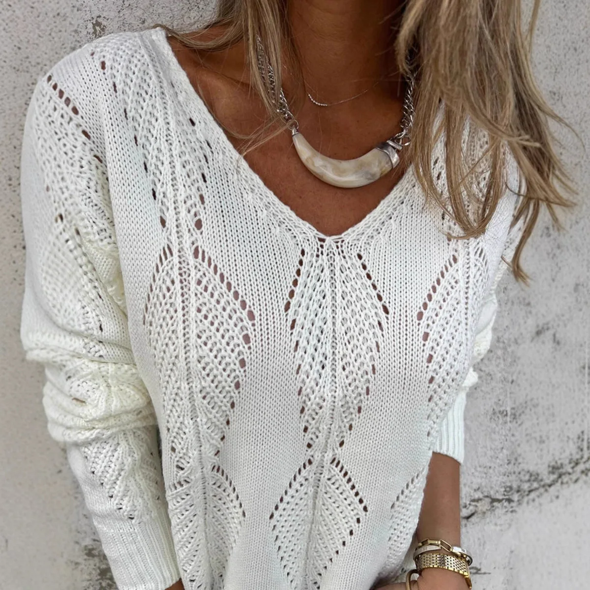 2025, hohler Blatt-Strickpullover mit V-Ausschnitt und langen Ärmeln für Damen, lockere Passform, Herbst-Winter, wendbar