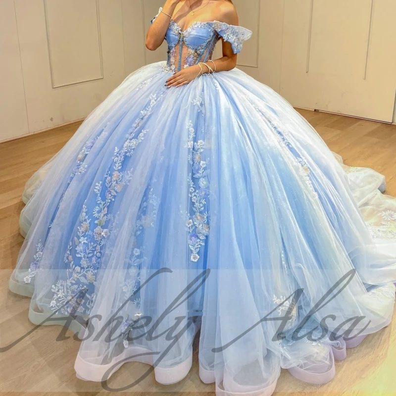 Customized Light Blue Princess Girl Quinceanera Dress Ball Gown Off Shoulder Flower Applique Puffy Women Party Prom Dress 15