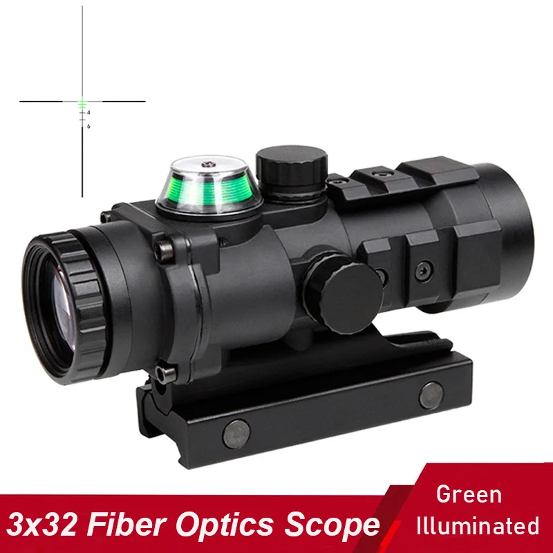 

3x32 Fiber Optic Sight Tactical Rifle Scope Green Illuminated Holographic Collimator Real Fiber Source With Weaver Mount Hunting