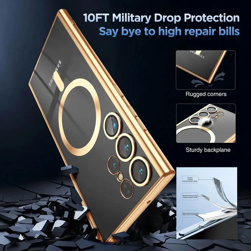 Magsafe Plating Transparent Case  For Samsung S25 Edge S24 FE S23 Ultra S22 Plus S21 Wireless Charge Silicone Shockproof Cover