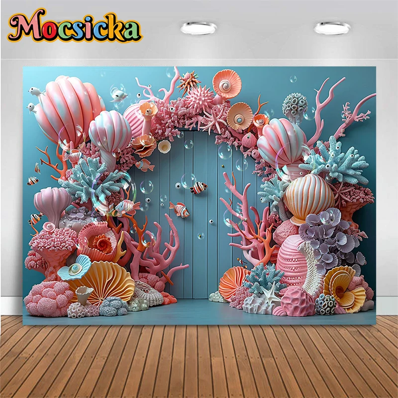 Summer Coral Door Photography Backdrop Baby Birthday Bubble Shell Bluey Wall Background Cloth Decor Photo Studio Props Backdrops