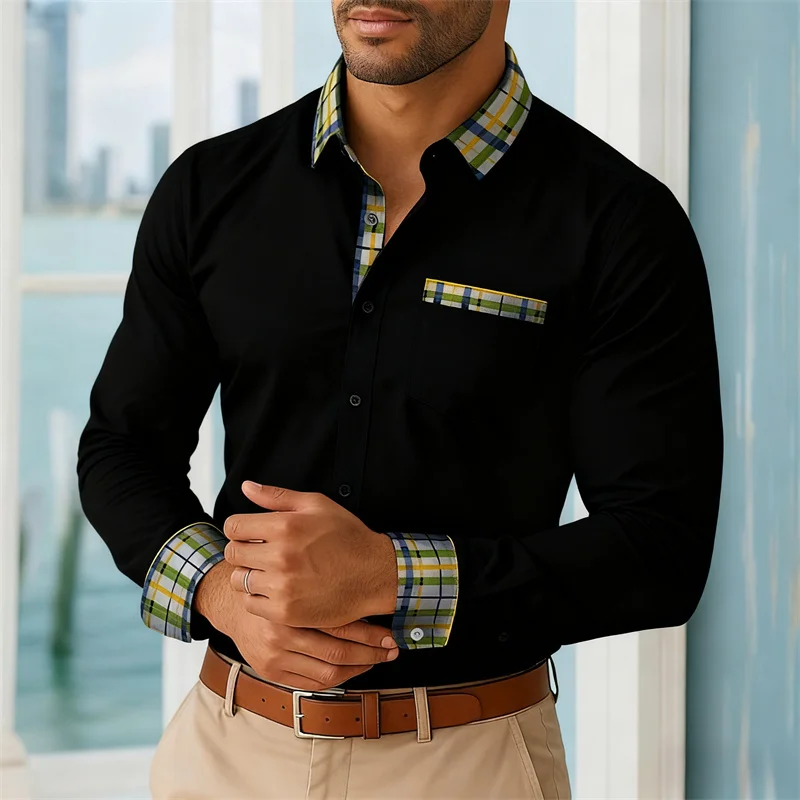 

Мужская стильная рубашка с длинными рукавами в клетку с цветными блоками, деловая повседневная черная рубашка, доступна в нескольких цветах, XS-6XL