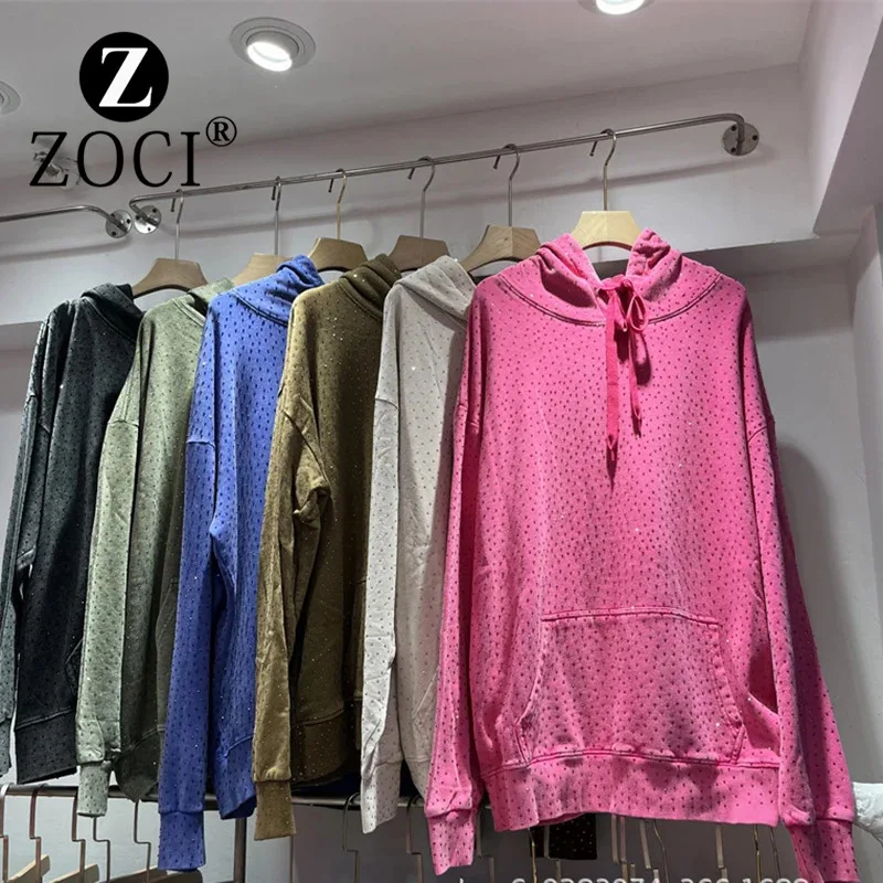 [ZOCI] Trendy Autumn Starry Sky Full Diamonds Washed Hooded Sweatshirt Women Street, Loose Dotted