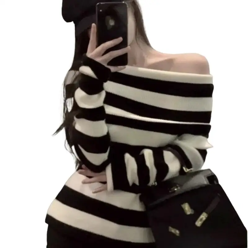 Prinzessin Eine Schulter Gestreiften Pullover Mädchen Mode Sexy Lange Ärmeln Gestrickte Krawatte Hemd Frühling Herbst Kleidung mädchen geschenk