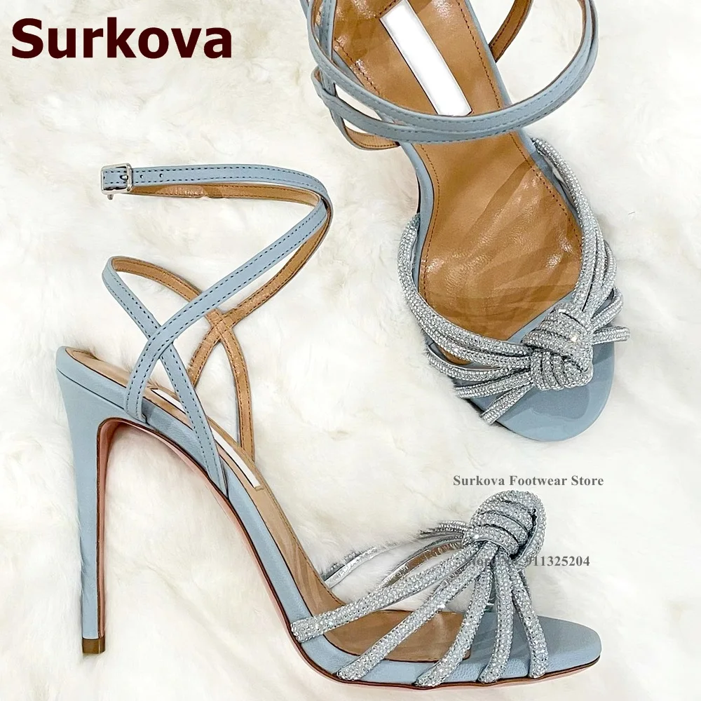 Surkova Crystal Strappy Bowtie High Heel Sandals Blue Patchwork Buckle Dress Shoes Bling Bling Rhinestone Butterfly-knot Pumps