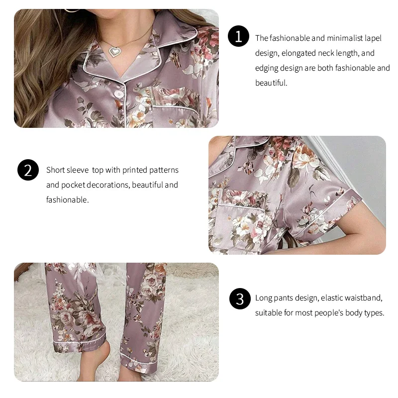 Women\'s Satin Pajamas 2 Piece Autumn Short Sleeve Top & Long Pants Pj Sets Silky Sleepwear Loungewear for Ladies Home Clothes