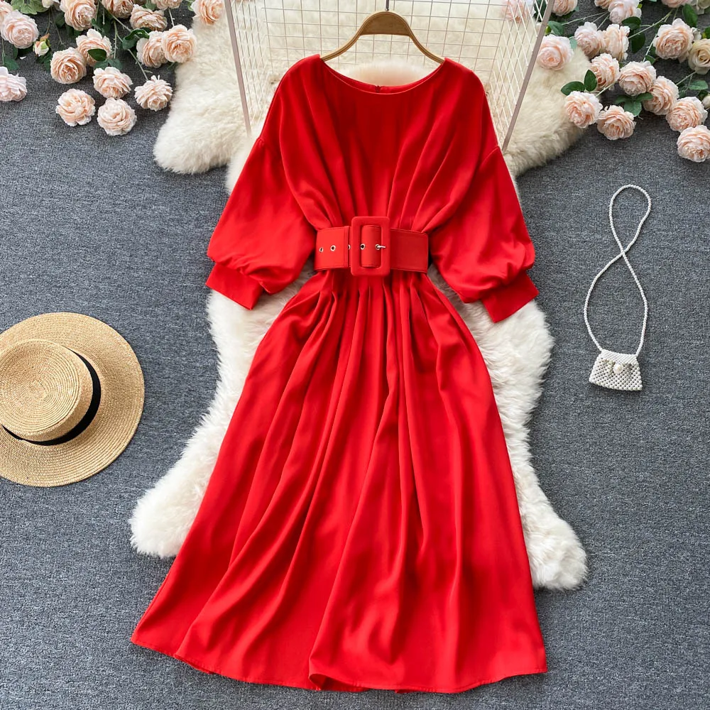 

Aibeautyer New Vintage Spring Autumn Solid Slim Full Lady Dress A Line O Neck Chiffon Pullover Mid-Calf High Waist Dresses