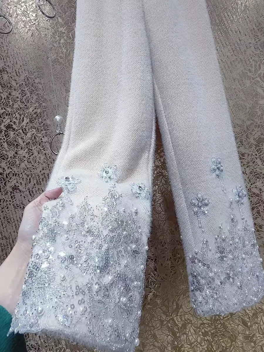 Luxury Style Pearls Beaded Sequined Stitch Thick Warm Pants Heavy Industry Wide-Leg Pants Autumn Winter 2024 Women Trousers