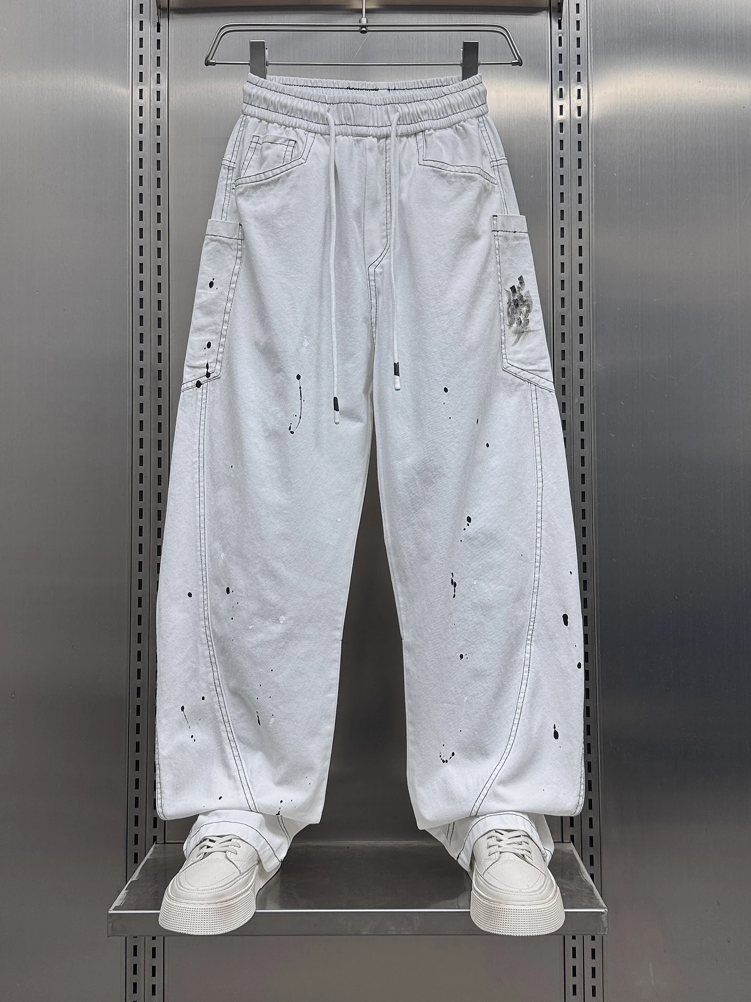 

Американские свободные прямые брюки для мужчин, летние новые широкие брюки с эффектом брызг краски, повседневные длинные брюки, молодежные, стильные