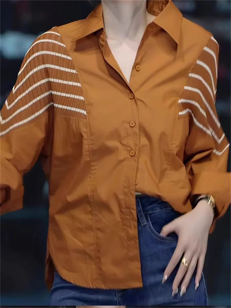 Camicia patchwork a righe Camicetta da donna Top con blocco colore Cardigan camicetta allentata di fascia alta con bottoni Camicie da donna primavera autunno
