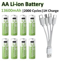 1.5V 13600mAh AA Battery USB-C Rechargeable, Rapid Charge Lithium Battery with Free Cable, 2000+ Cycles for Cameras, Toys, Mouse
