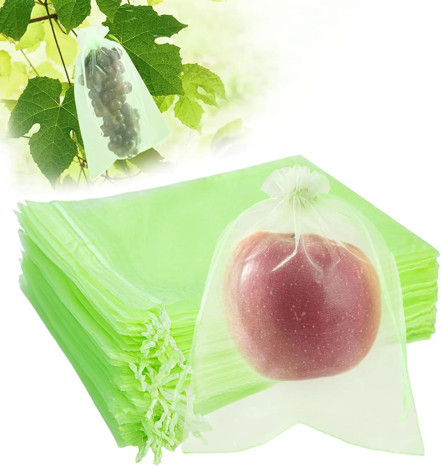 

50PCS 8x12 Inch Green Organza Fruit Protection Bags with Drawstring for Garden Trees