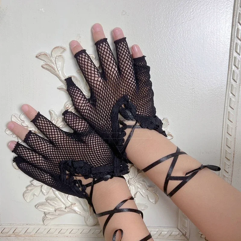 Accessori Guanti Rete da pesca cava in pizzo nero Decorazione mezze dita Sottocultura di Halloween Stile punk Ragazza piccante Stile pizzo