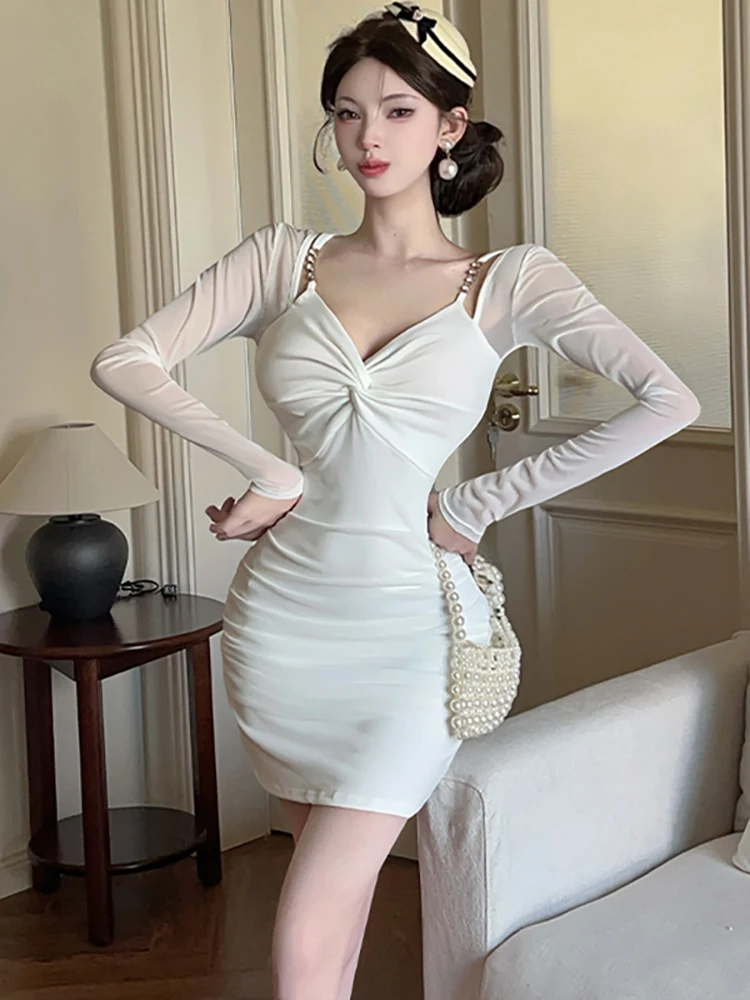 

2025 White Mesh Patchwork Square Collar Sexy Mini Dress Women Elegant Pleated Bodycon Dress Autumn Korean Casual Festival Dress