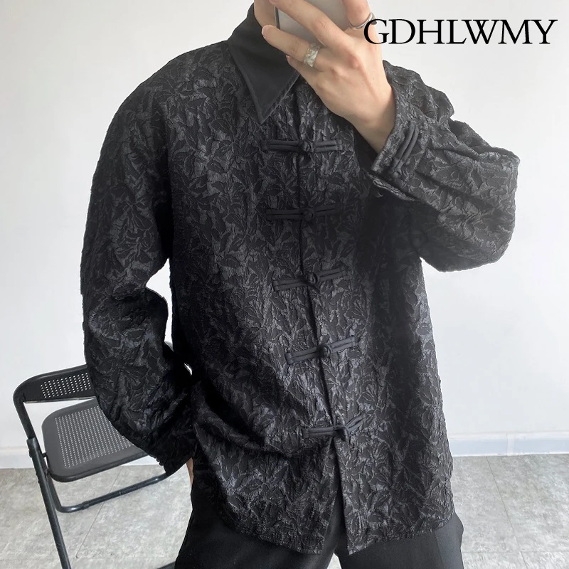 GDHLWMY Autumn personalized jacquard fabric with Chinese style buckle design, long sleeved lapel men's loose shirt