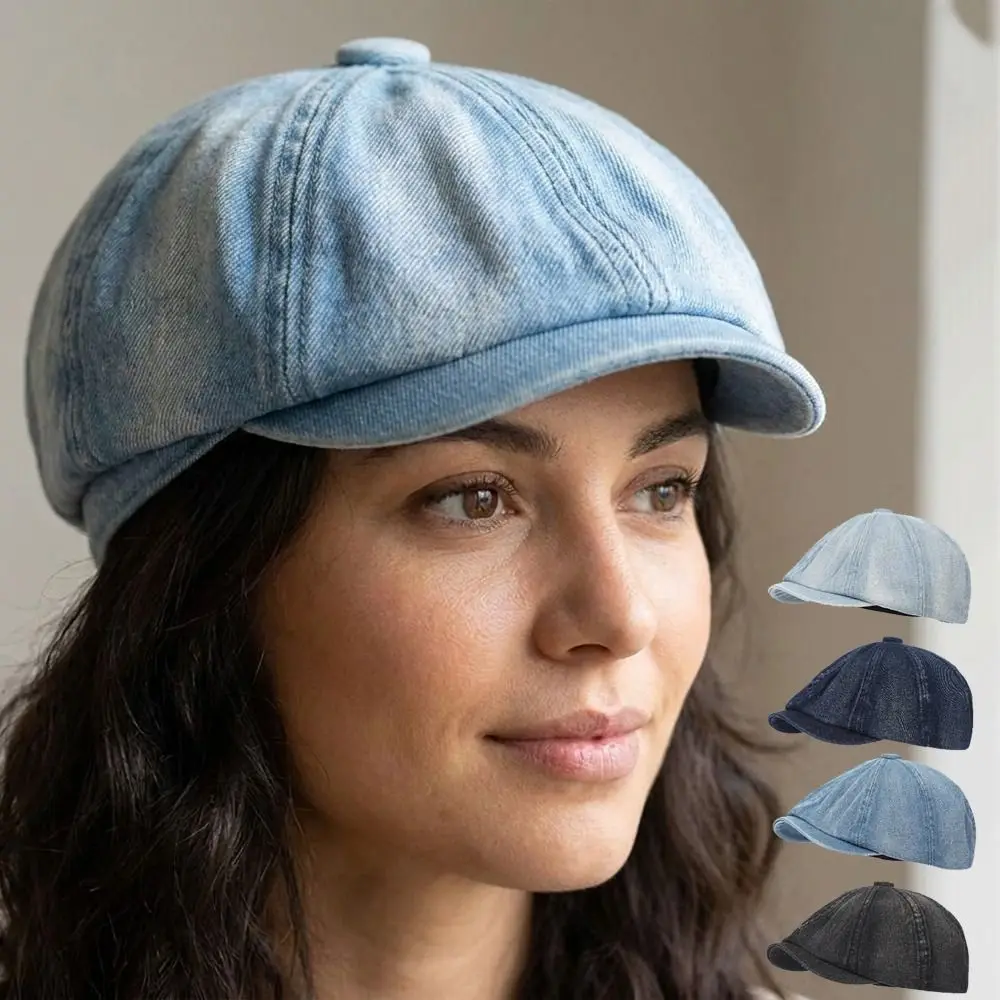 Vintage Washed Denim Newsboy Cap Short Brim Casual British Beret Hat Versatile Octagonal Caps For Men Women view 2