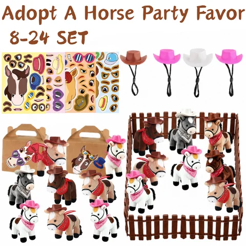 8-24Sets Adopt a Horse Party Favor Mini Horse Stuffed Animal for Cowgirl Party Favors Themed Birthday Supply Gifts