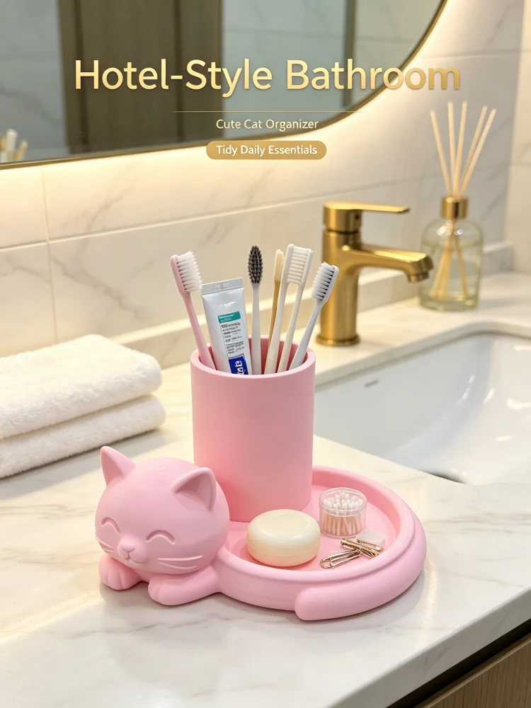 Cat-Shaped Vanity Organizer Box, Two-In-One Bathroom Toothbrush Holder, Pink Cute Style with Tray, Dual-Zone Design, Can Be Used as a Toothbrush and Toothpaste Holder, Also Suitable for Storing Small Beauty Items, Suitable for Bathroom Sinks, Bedroom Vanities, Healing-Style Cute Desktop Organizer, Combines the Functions of Toiletries and Beauty Storage, Multifunctional Desktop Storage and Organization Supplies