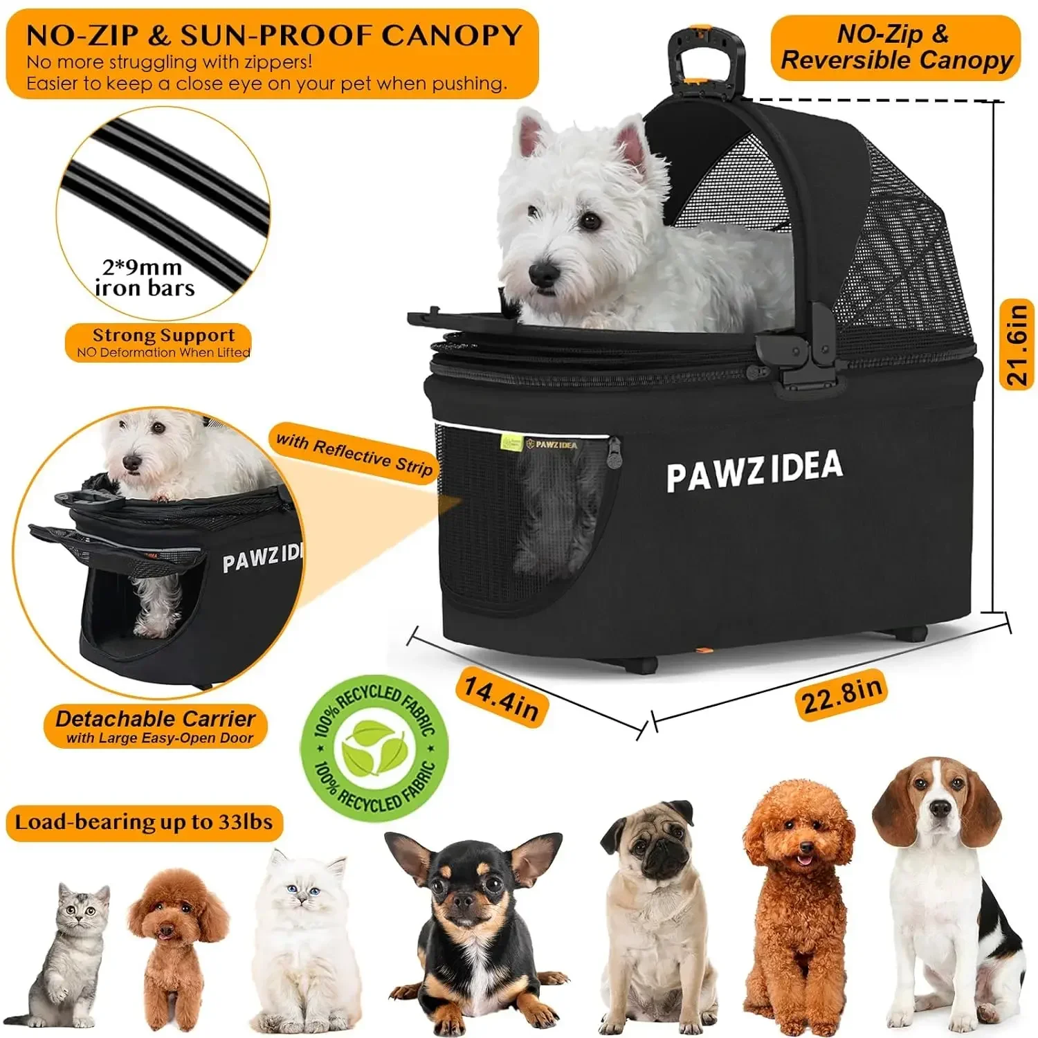 PAWZIDEA kinderwagen 4 in 1, hondenwagens voor kleine/middelgrote honden/katten met afneembare drager luifel zonder ritssluiting, veiligheidsgordel