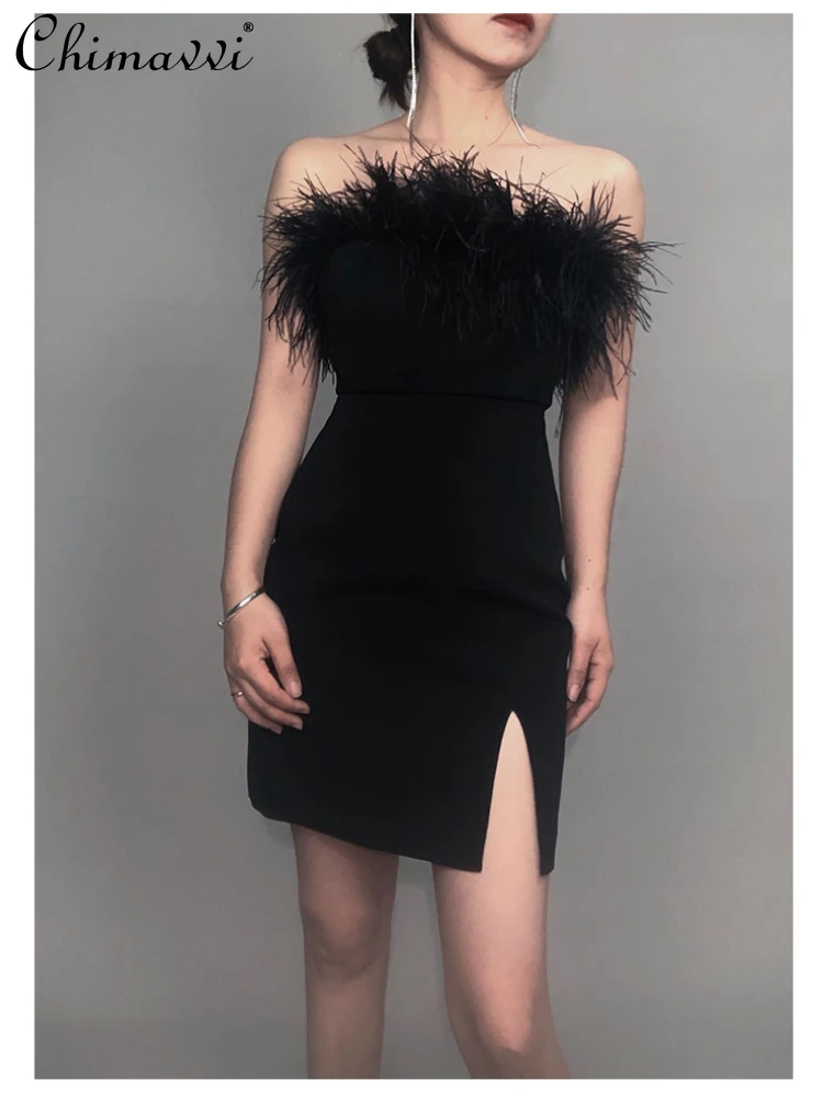 

Fashion Sexy Socialite Temperament Feather High Waist Tight Fitted Hip Wrapped Split Strapless Bodycon Party Dress Women 2024