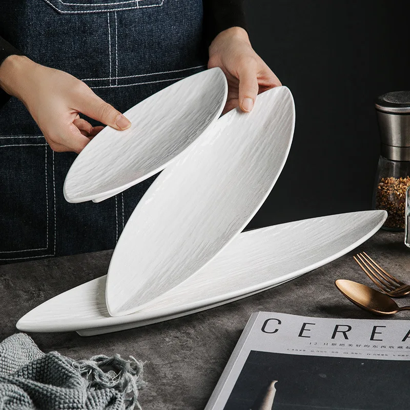 Long Japanese Leaf Plate, Sashimi Snack Sushi Plate, Commercial Ceramic Long Platter, Restaurant and Hotel Cooking Cutlery