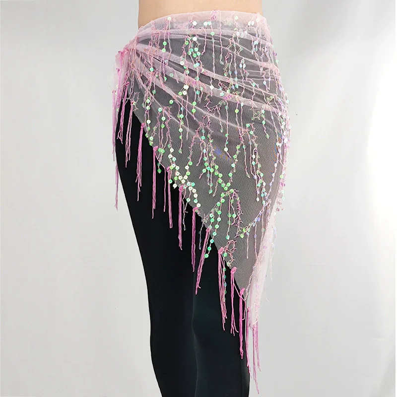 Bauchtanz-Hüfttuch mit Goldpailletten und Quasten, Dreieckiger Rock, Wickelgürtel für Festival, Rave-Party, Nachtclub-Auftritte, Kostüm für Frauen – Detail 6