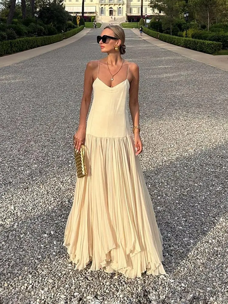 Women Fashion Sleeveless Backless Sling Dresses Sexy Solid V Neck Pleated Patchwork Dress 2024 Summer Lady Vacation Beach Robe