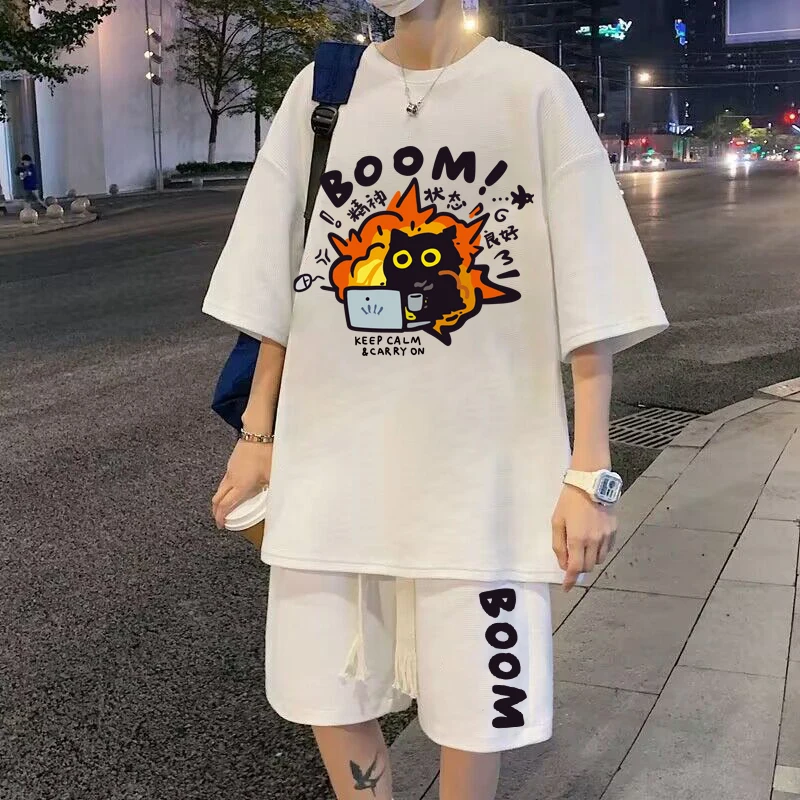Korean Trendy Men Cartoon Sets Oversized T-shirts Shorts 2 Piece Set Cute Loose Cartoon Printed Tracksuits M-5XL Men Clothing