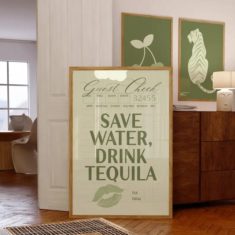 Save Water Drink Tequila Poster, Guest Check Print, Preppy Dorm Room Decor, Funny Drinking Wall Art, Trendy Bar Cart