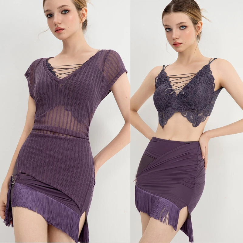 Fashion Adults Samba Latin Dance Costumes Ladies Purple Lace Bra Top Tassels Skirts Women Rumba Latin Dance CLothing SL13507