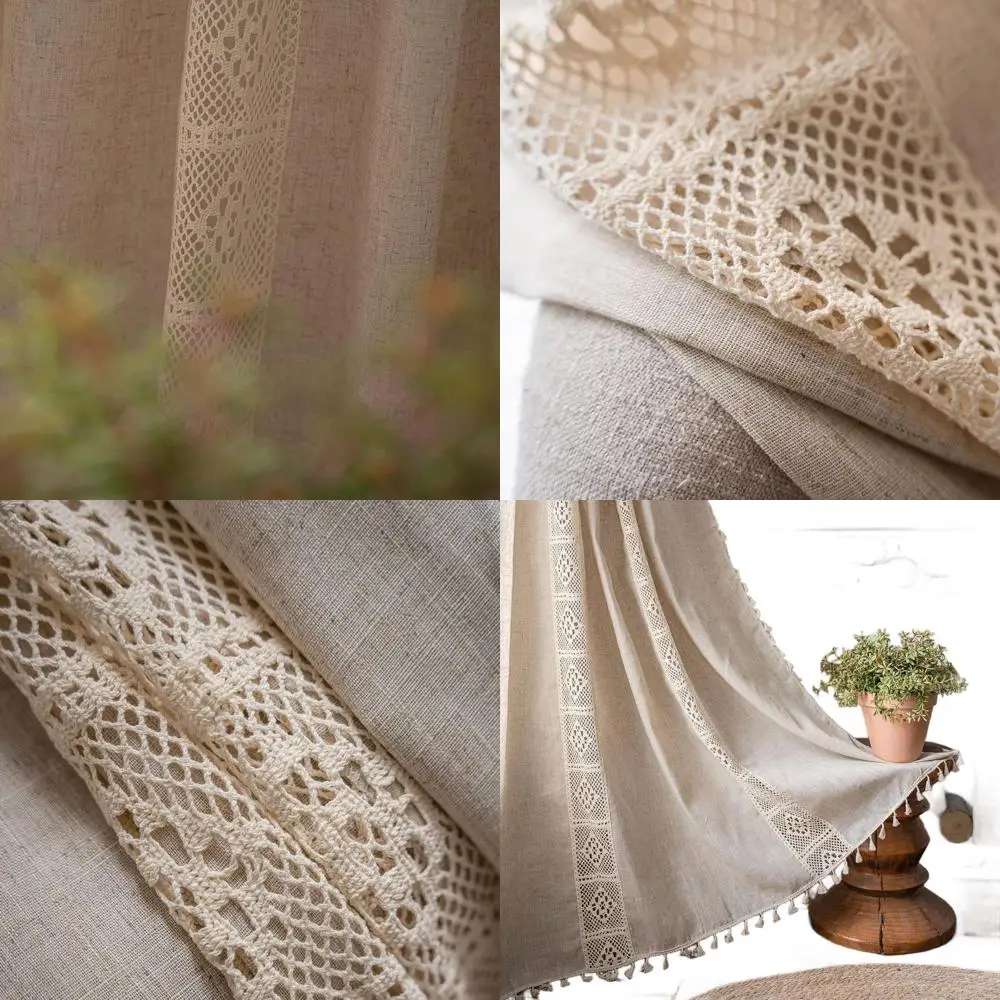 

84 полупрозрачные бежевые шторы в стиле бохо с кисточкой, 2-панельный карман для стержня, стиль фермерского дома для спальни/гостиной