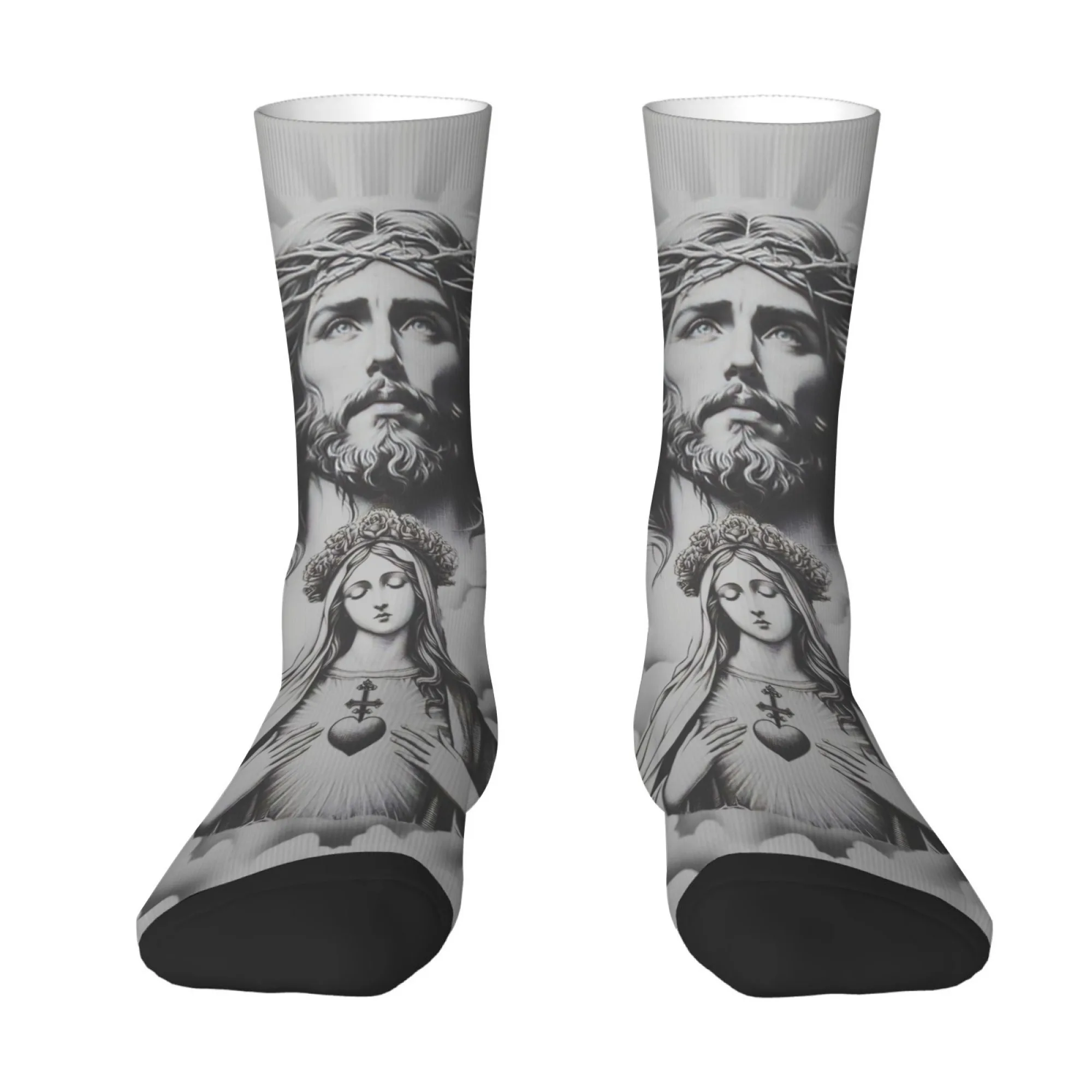 

Men's Mid-calf Socks with Black White Tattoo Style Hearts of Jesus and The Virgin Mary Soft Comfortable Breathable Durable Socks