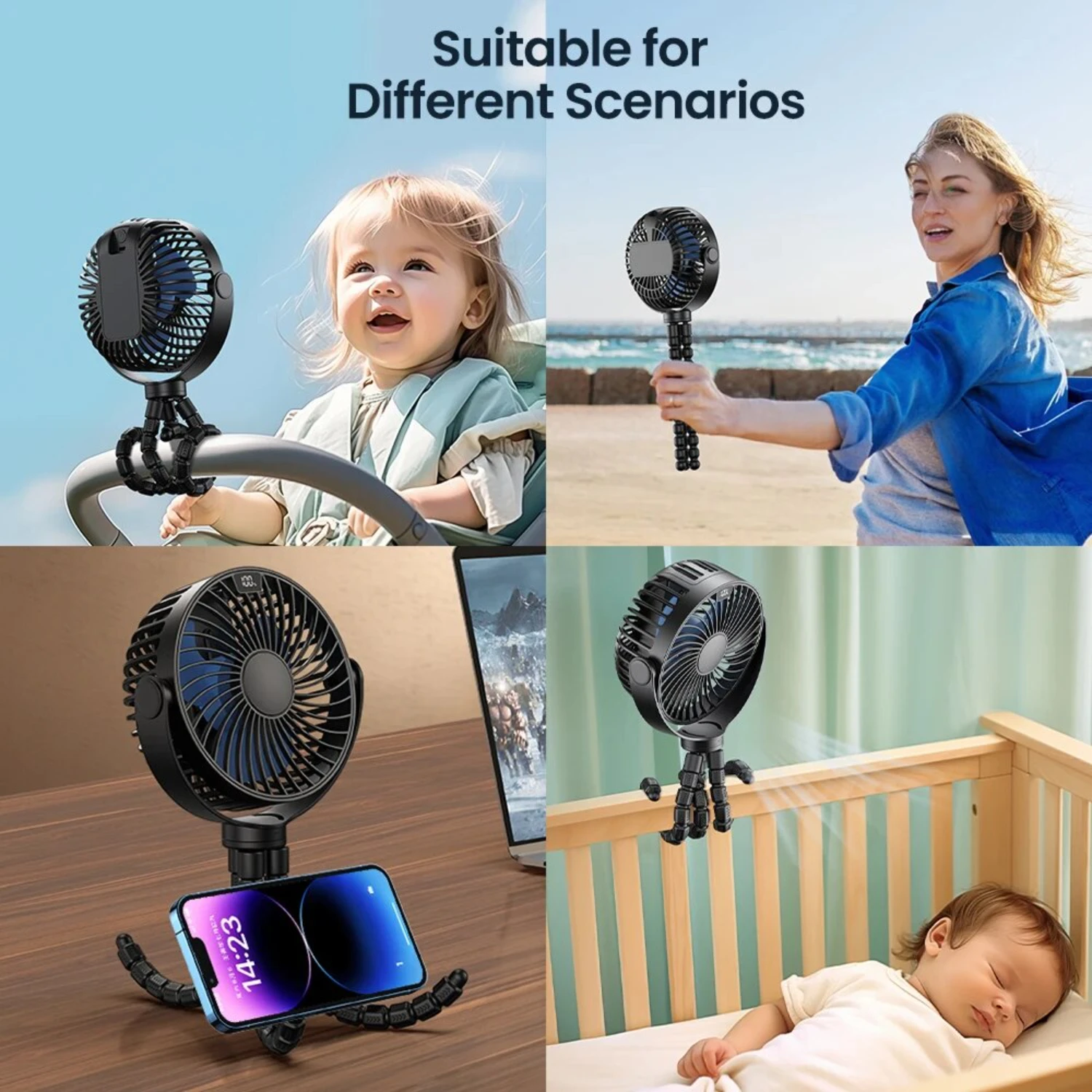 5000 mah kinderwagen draagbare miniventilator USB oplaadbare buitenventilator 4 versnellingen ° Graadrotatie en digitaal display