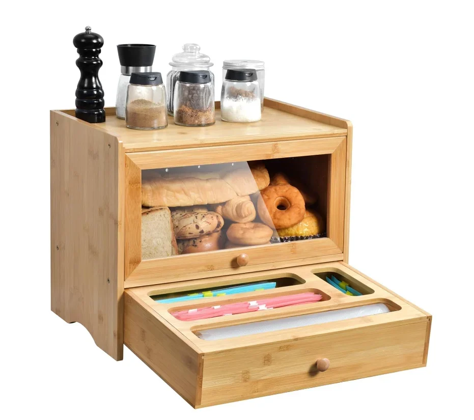 SINCERE Hot Sale Bamboo Bread Box with Storage Bags Organizer Rectangle Kitchen Countertop Bread Box for Homemade Food,kitchen