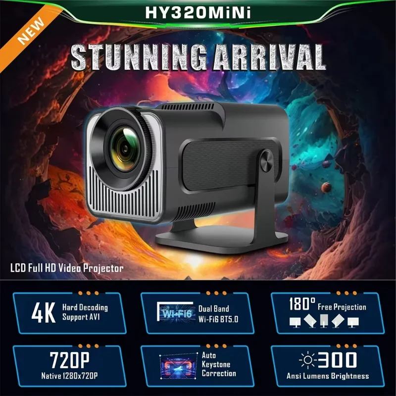 4K Android 11โปรเจคเตอร์Native 200ANSI HY320 Dual Wifi6 BT5.0 1280*720P Cinemaแบบพกพาโปรเจคเตอร์กลางแจ้งหมุนได้โปรเจคเตอร์