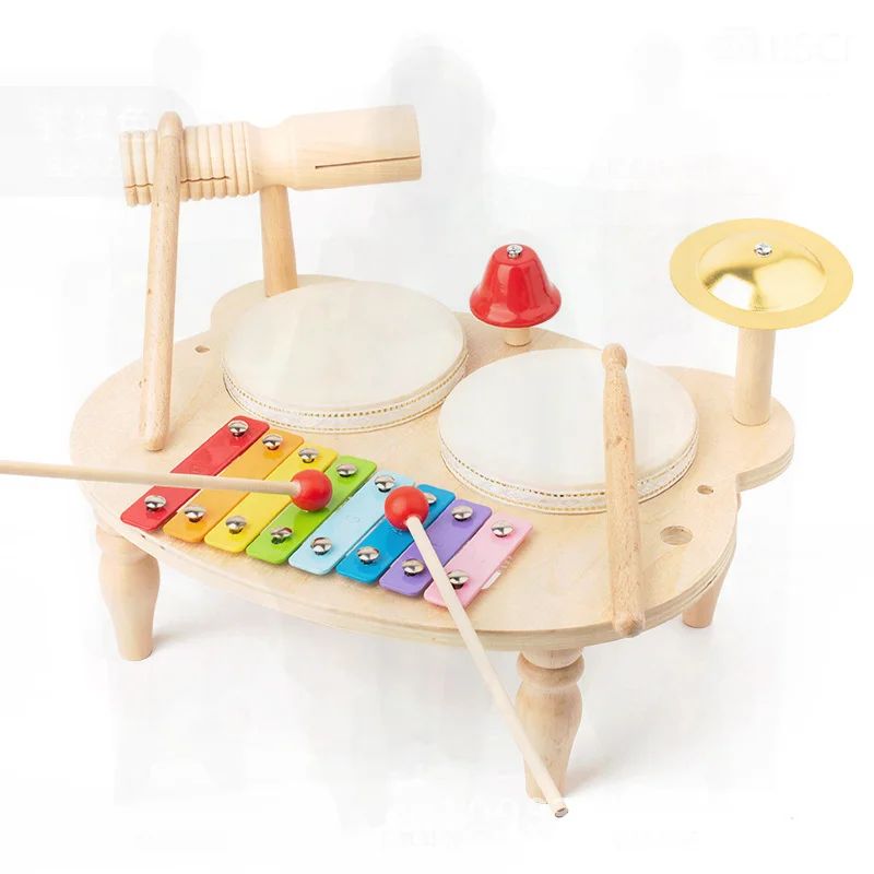 Children's Wooden Multifunctional Percussion Instrument Drumming Gong Baby Hand Drum Educational Toy for Music Learning And