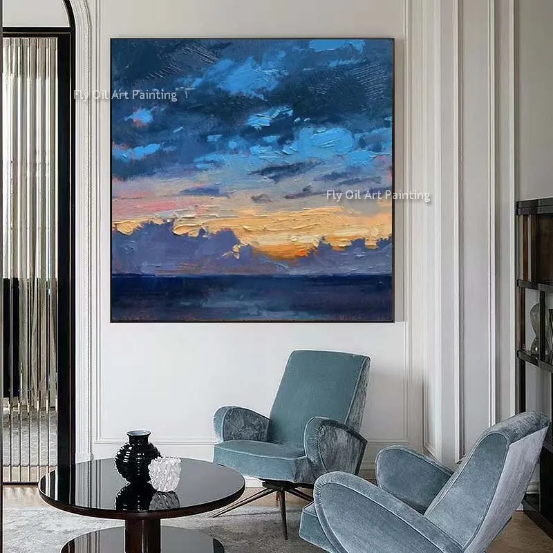 Modern Sunrise Seascape Abstract Canvas Wall Art Decor Original Design Hand Painted Navy Blue Sea And Sky Oil Painting For Decor