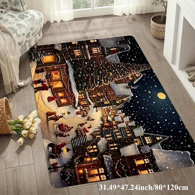 1pc 2D Flat Rectangular Floor Mat, Winter Snowy Night Town And Christmas Tree Printed Rug, Home Decor, Suitable for Entryway