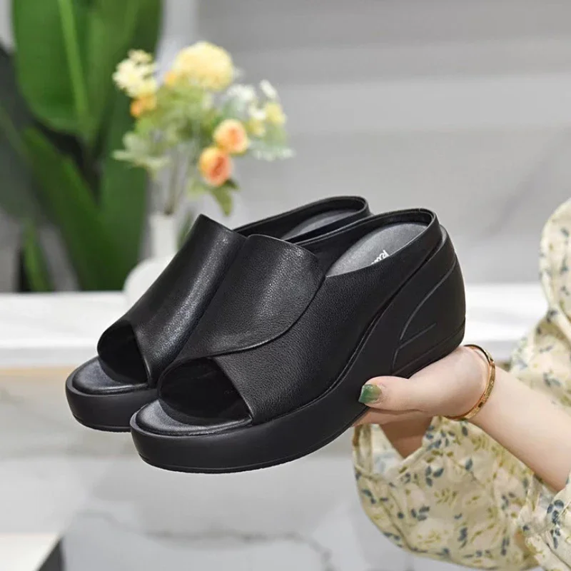 2024 New Women Sandals Woman Slippers Black Wedge Platform Open Toe Women Orthopedics Thick Bottom Beach High Heels Slides