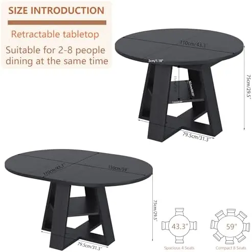 43.3in-59in Extendable Round Conference Table for 4-6 People,Wooden Oval Meeting Room Table with Removable Leaves,Space